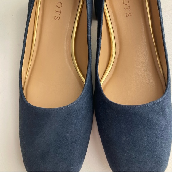 Talbots Indigo Blue Claire Block Heel Pumps Suede Gold Size 6M Women’s Shoes - Picture 10 of 16